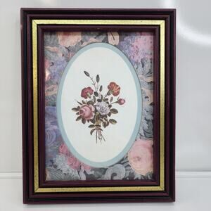 Vintage Cottagecore Floral Wall Art Framed Victorian Print Burgundy Gold Decor